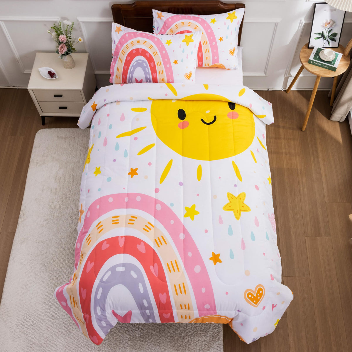Btargot Lightweight Soft 3 Piece Rainbow Comforter Set with 2 Pillow Covers, Cartoon Love Hearts Flowers and Grass Bedding Set for Girls Boys Kids, Full Multi-Color