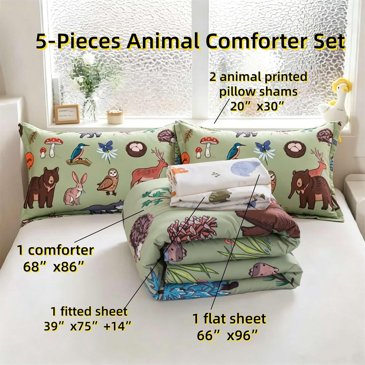 lishjekee 5Pieces Animal Comforter Twin for Kids Wild Animal Bedding Set Bed in A Bag Forest Wildlife Comforter and Sheets Set for Boys Girls Jungle Bear Wolf Deer Bed Set Home Decor