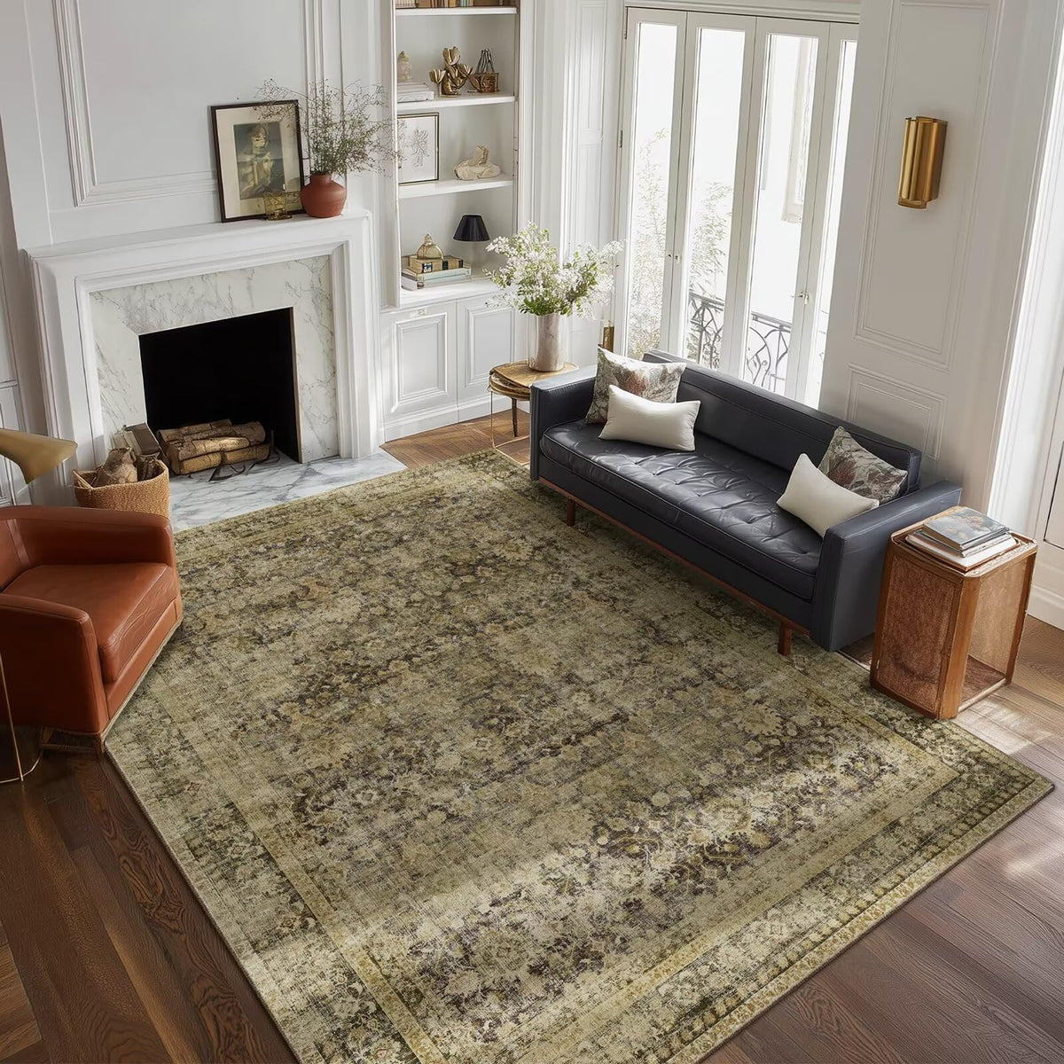Washable 10x14 Area Rugs for Living Room, Ivory/Sage Gold