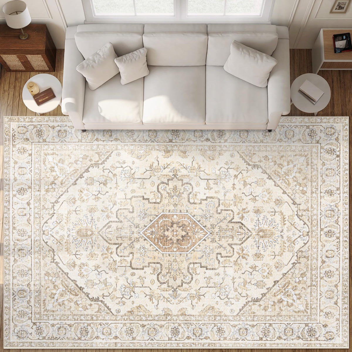Area Rug 5x7 Vintage Rugs: Washable Living Room Rug Retro Medallion Distressed Large Rug Soft Low Pile Non-Slip Rugs Indoor Floor Carpet for Bedroom Kitchen Nursery Dining Table Office (Beige/Brown)