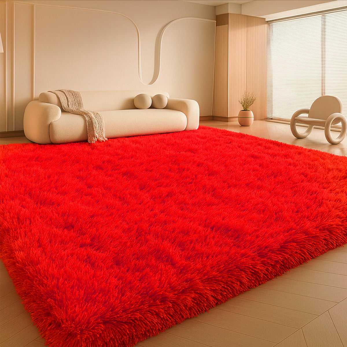 8x10 Cream Fluffy Shag Area Rug, Non-Slip Soft Carpet for Home