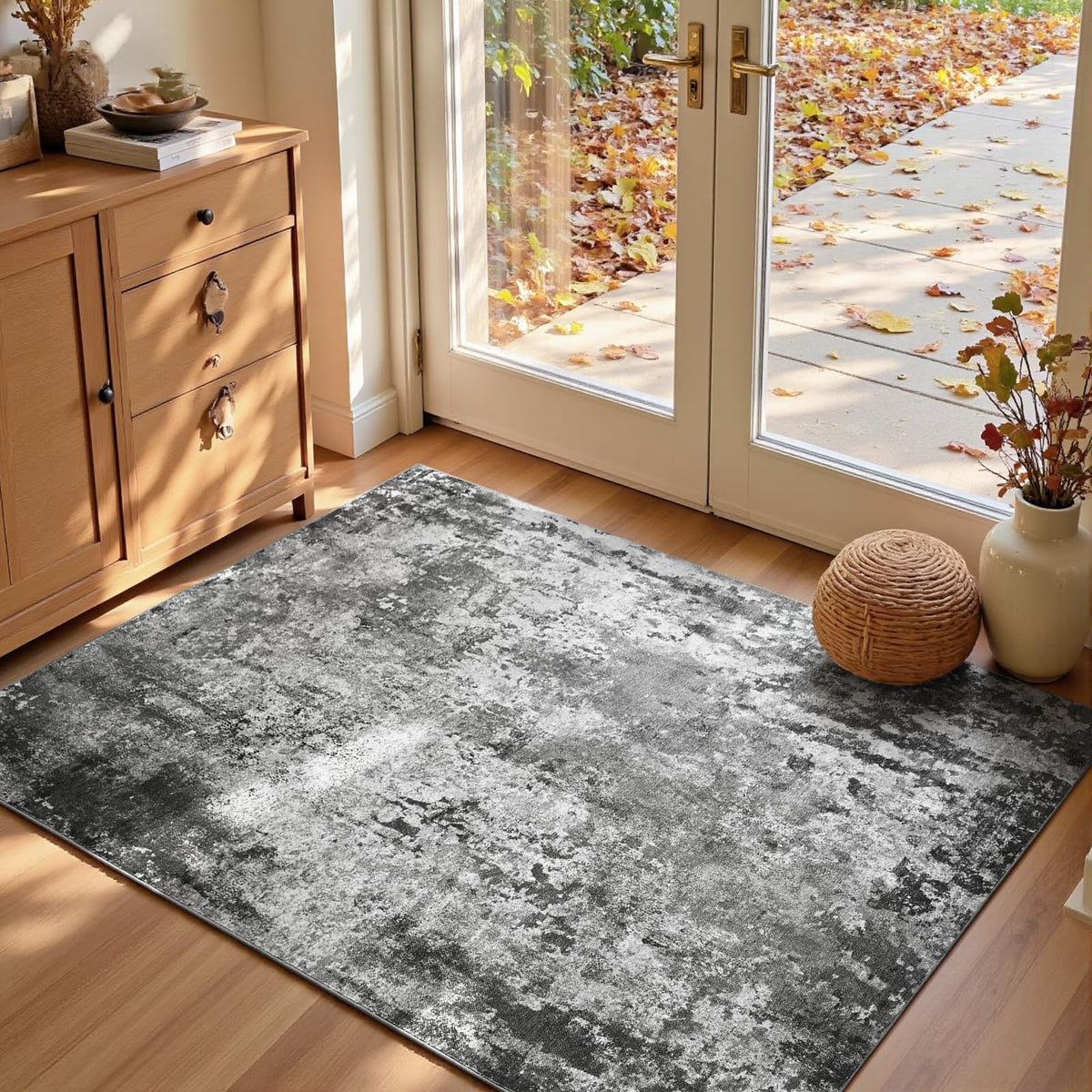 Living Room Rug 5x7 Gray Area Rug Machine Washable Boho Rug Non Slip Abstract Vintage Indoor Large Rugs for Bedroom, Classroom, College Dorm, Farmhouse, Dining Room, Kids Playroom