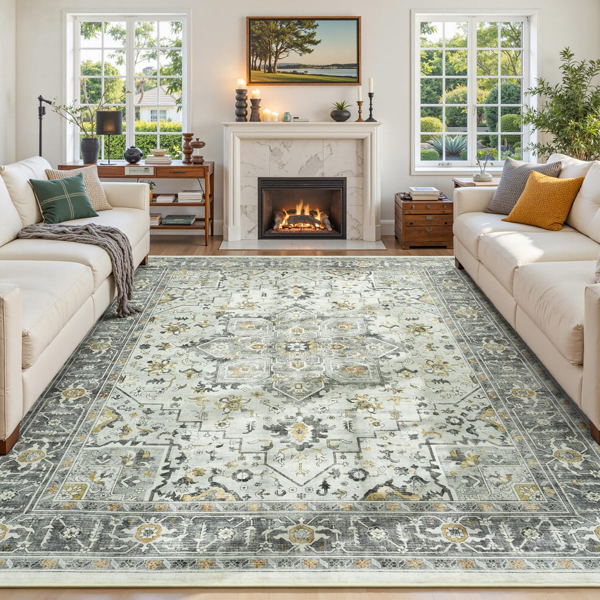 Sage Green 8x10 Area Rug for Living Room, Vintage Boho Large Carpet