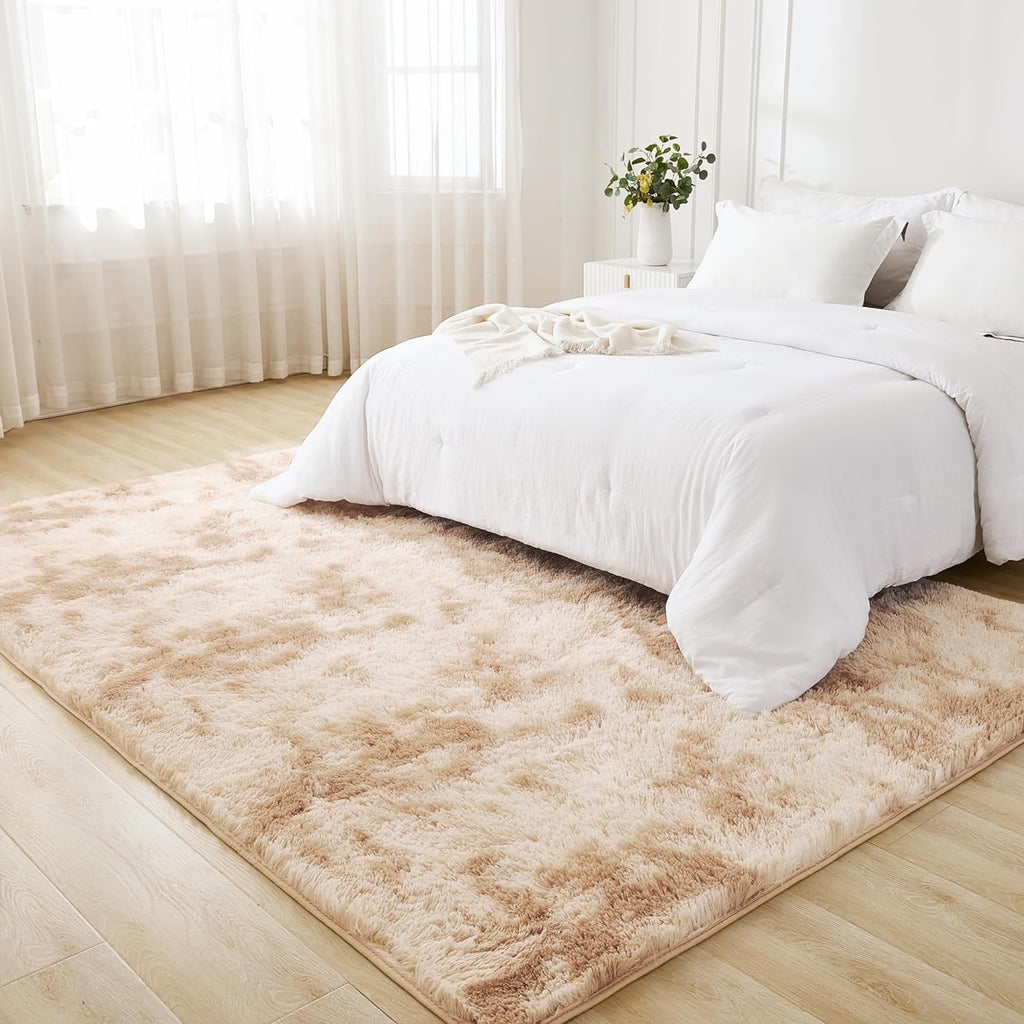 Litanika 4x6 Shag Area Rug for Bedroom, Tie-Dyed Beige Plush Rug