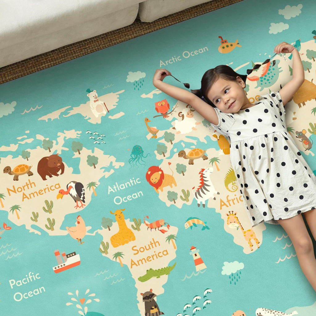 Hazo Haus Washable Kids Playroom Rug – 5x7 Play Rug for Preschool Toddlers, Girls, Educational with Cute Animals – Non-Slip, Stain Resistant, Soft & Safe for Bedroom, Play Room and Classroom - Blue