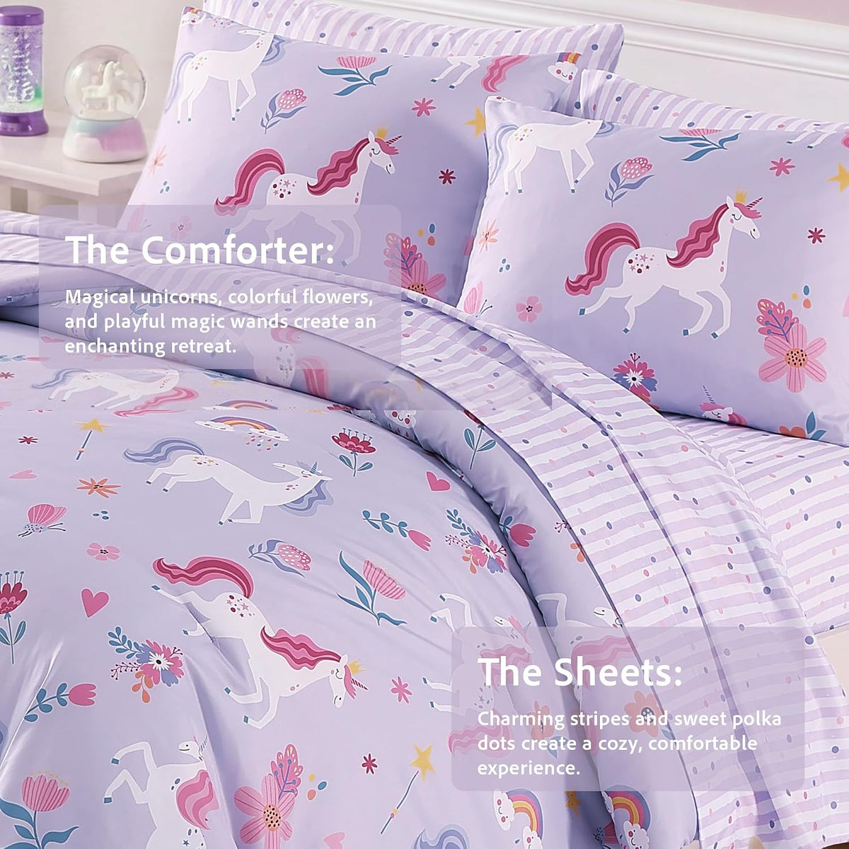 Twin Comforter Set for Girls - 5 Pieces Unicorn Bedding Twin Bed in a Bag