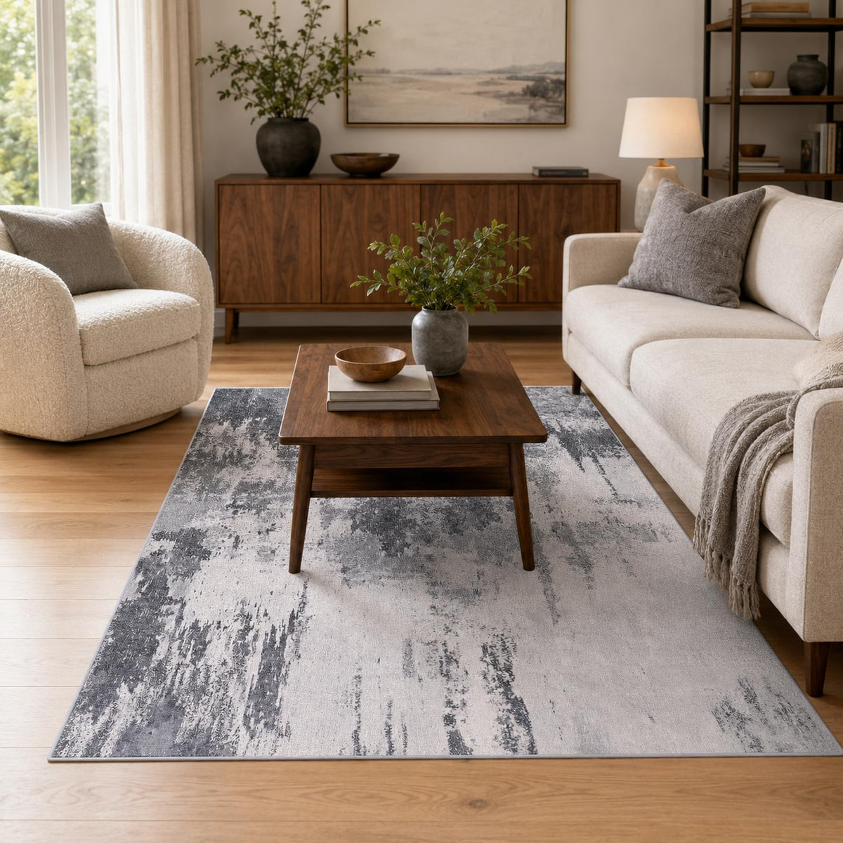 Living Room Rug 5x7 Gray Area Rug Machine Washable Boho Rug Non Slip Abstract Vintage Indoor Large Rugs for Bedroom, Classroom, College Dorm, Farmhouse, Dining Room, Kids Playroom