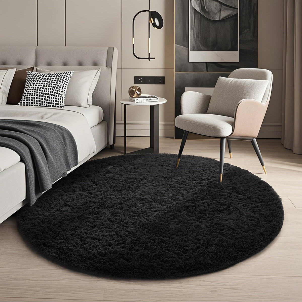Ophanie Round Rugs 5Ft Ivory Circle Area Rug,Baby Nursery Living Room Bedroom Decor Circular Carpet 5 Foot,Fluffy Fuzzy Shag Plush Cream for Kids Boys Girls Teen with Over 99 pcs Pile fibers