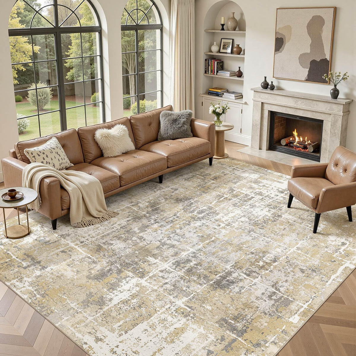 DMOYEST Area Rug Living Room Rugs 5x7 Washable Abstract Beige Blue Carpet