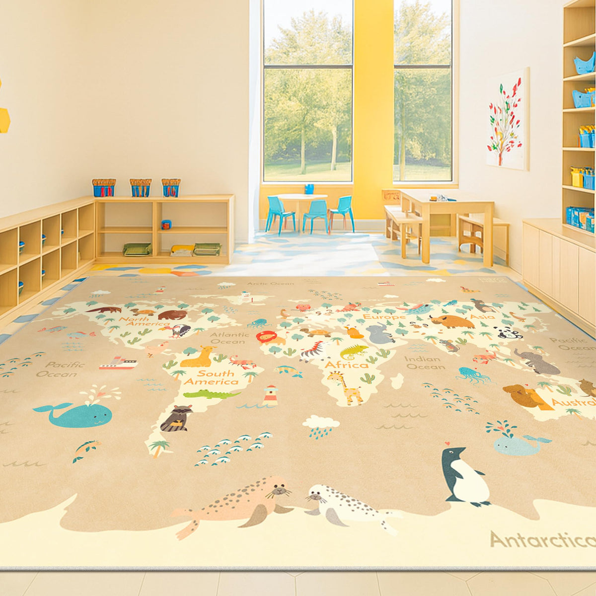 Hazo Haus Washable Kids Playroom Rug – 5x7 Play Rug for Preschool Toddlers, Girls, Educational with Cute Animals – Non-Slip, Stain Resistant, Soft & Safe for Bedroom, Play Room and Classroom - Blue