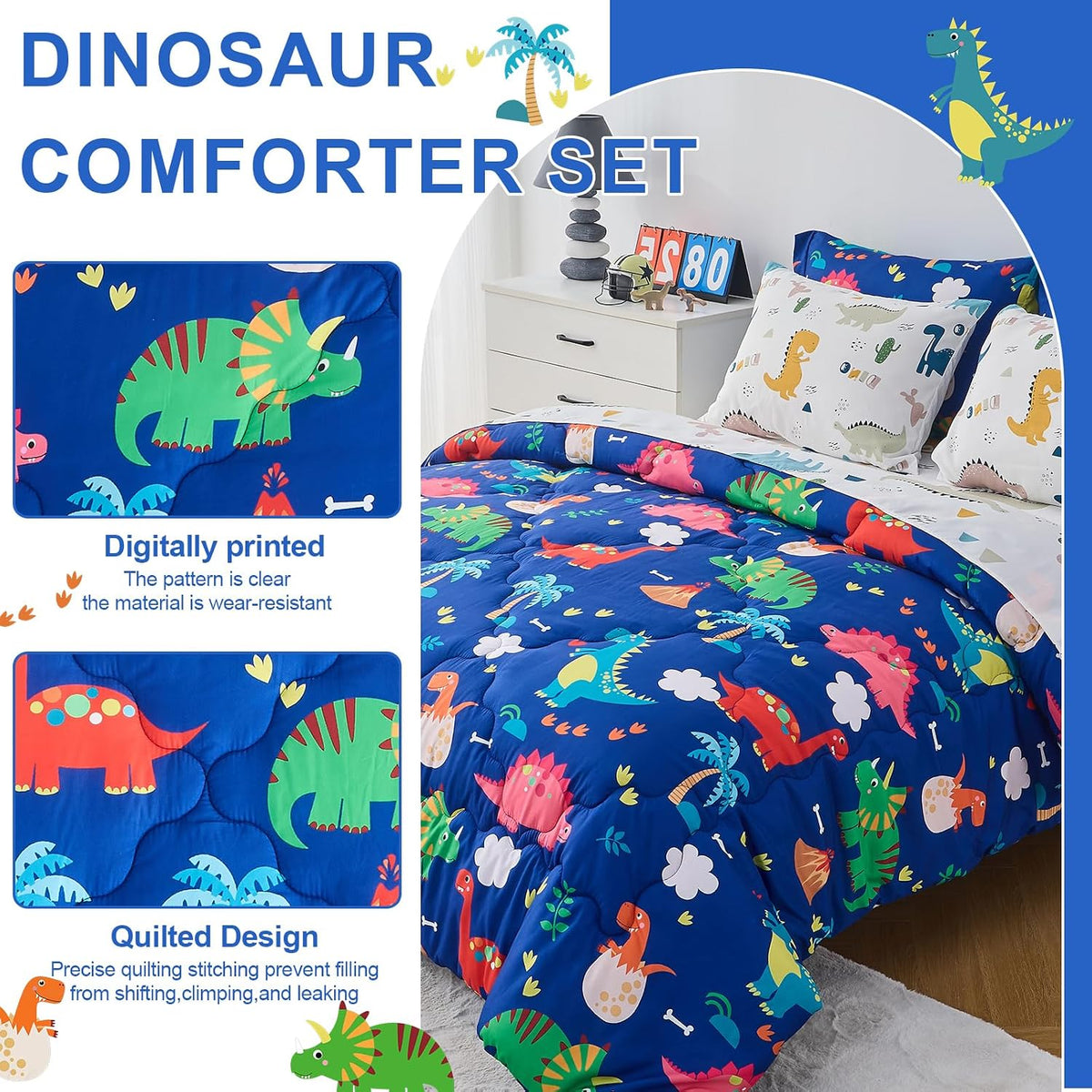 Wajade 7 Piece Kid Boys Dinosaur Comforter Set Twin Size 3D Blue Dinosaur Wild Park Jungle Print Bedding Set with Comforter, Sheet Set, Pillowcase and Sham