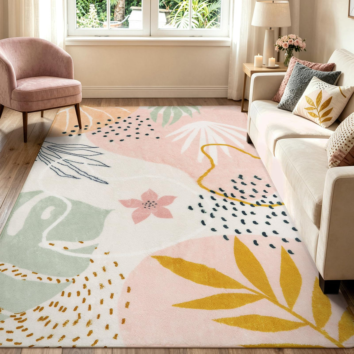 Lahome Pink Boho Nursery Rug 4x6, Washable Non Slip Soft Botanical Area Rug for Girls Bedroom Kids Room Playroom Dorm Apartment Decor