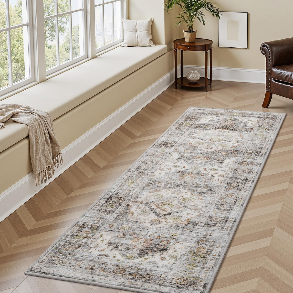 AMOAMI-Area Rug 5X7 Rugs for Living Room-Vintage Soft Beige Rugs for Bedroom-Non Slip Carpet-Machine Washable Rug for Dining Room Living Room Bedroom Office Under Table-Beige