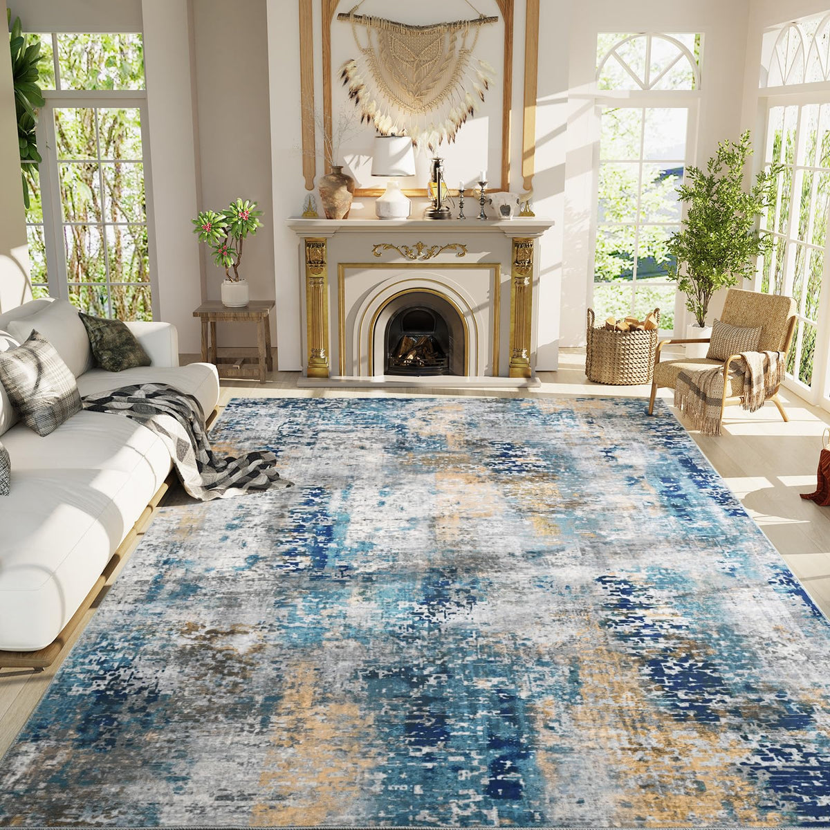 Living Room Rug 5x7 Gray Area Rug Machine Washable Boho Rug Non Slip Abstract Vintage Indoor Large Rugs for Bedroom, Classroom, College Dorm, Farmhouse, Dining Room, Kids Playroom