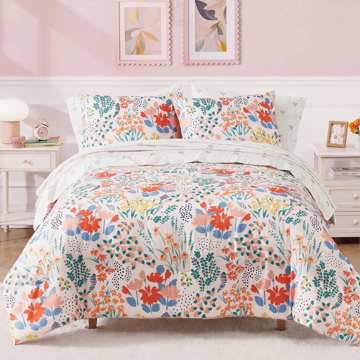 Twin XL Comforter Set for Girls - 5 Pieces Pink Floral Bed in a Bag