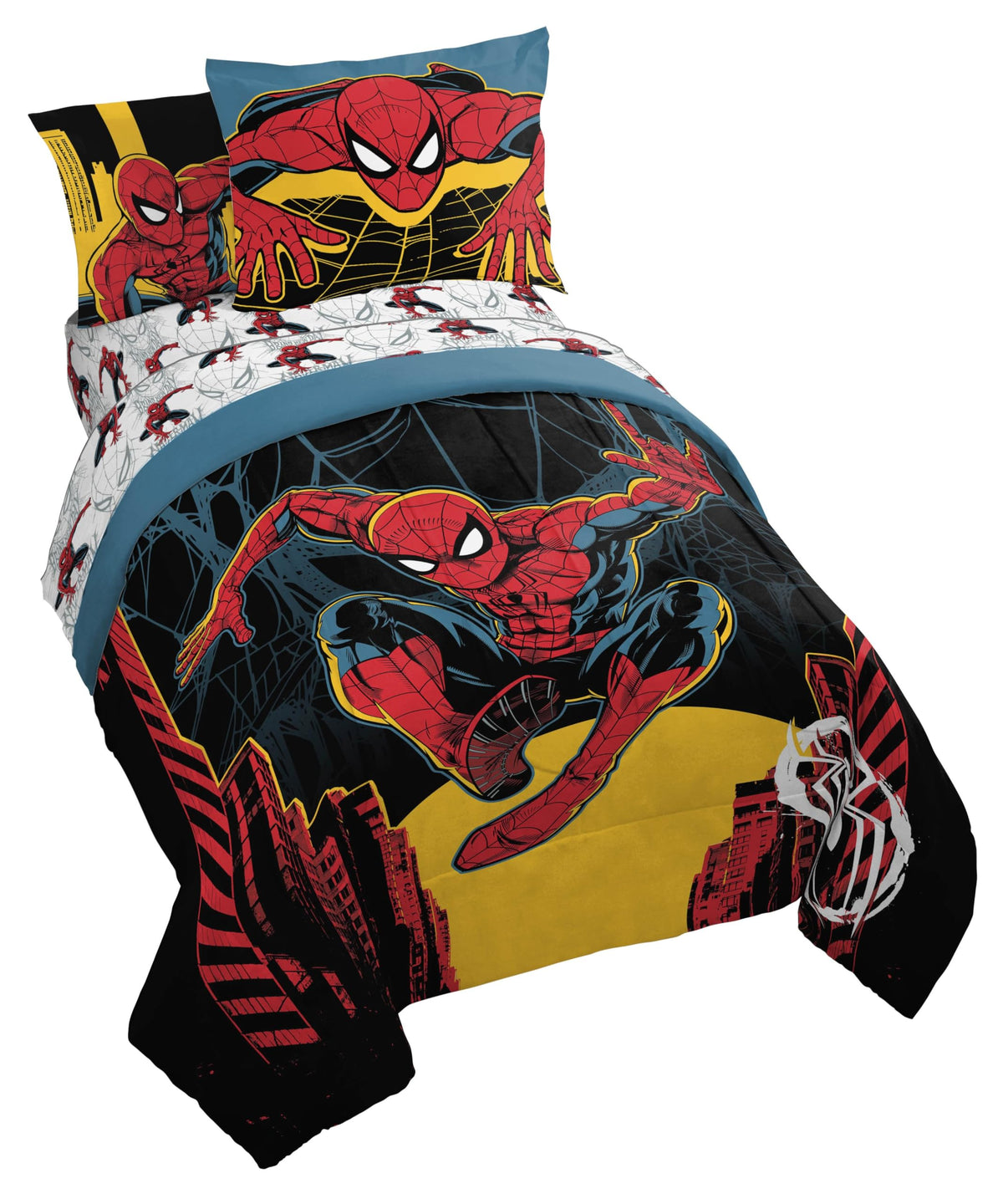 Jay Franco Kids Comforter Set Includes Sheets and Pillow Covers - Soft and Cozy Bed Set for Stylish Room Decor, Official Licensed Bedding, Black - Spiderman, 5 Piece Twin