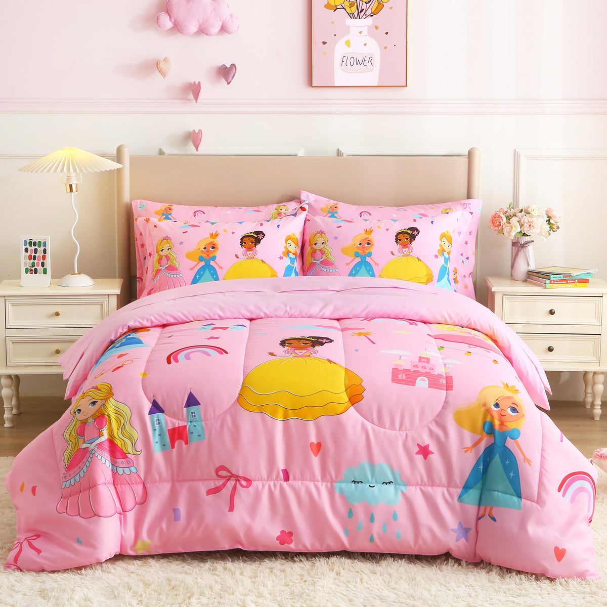 lasoftan Kids' Monster Truck Bedding Set, 7-Piece Soft Fluffy Bed-in-a-Bag with Comforter, Fitted Sheet, Flat Sheet, Pillowcase, Pillow Sham, Deep Pocket 15", All-Season, Monster Jam, Full