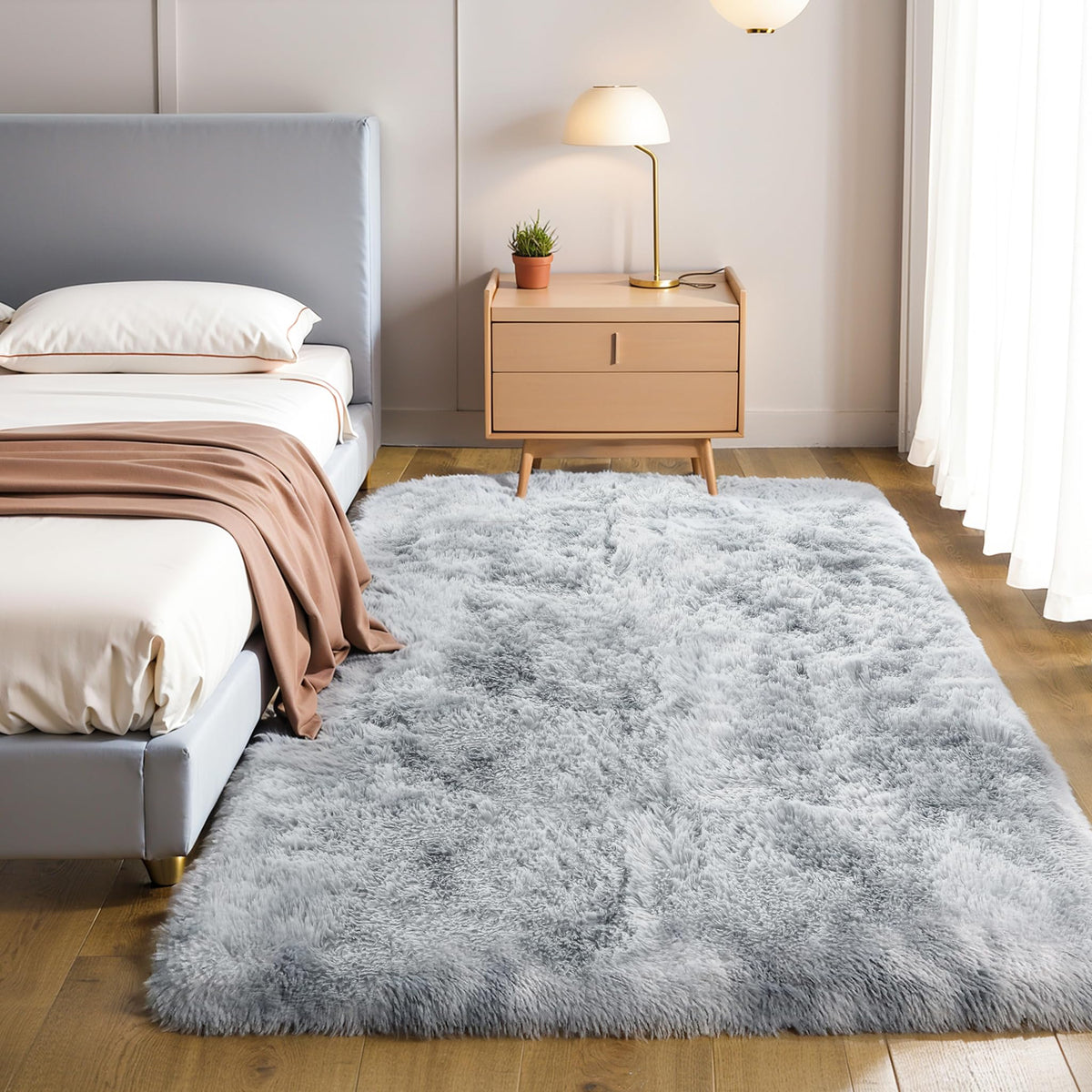 4x6 Light Grey Fluffy Shag Rug for Bedroom, Plush Washable Carpet