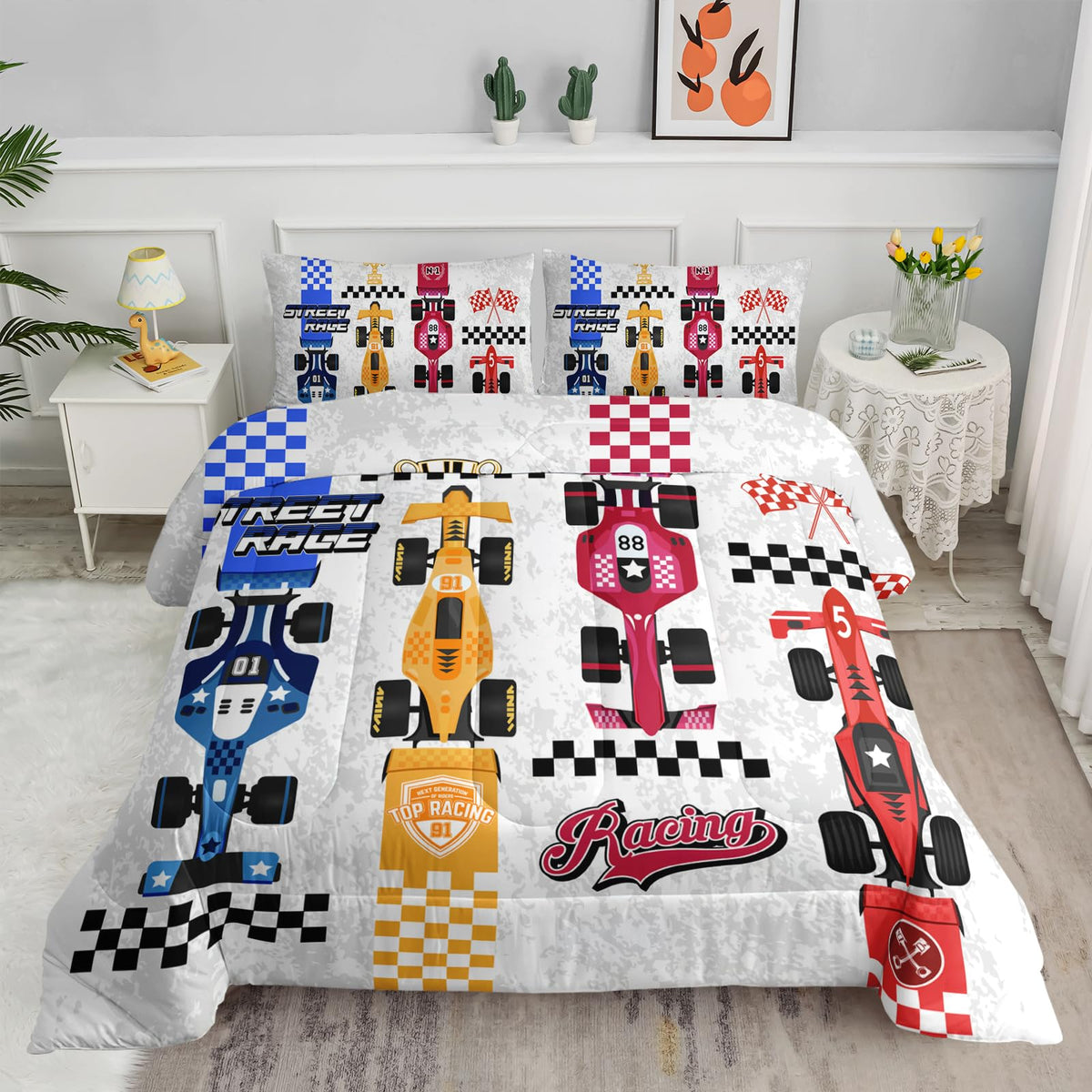 Axolotl Kid Comforter Set Twin Size,Racing Car Bedding Set for Boys Girls Teen Kids Children Racing Gifts,Race Cars Quilt Bed Set with 1 Comforter 2 Pillowcases,Red Grey