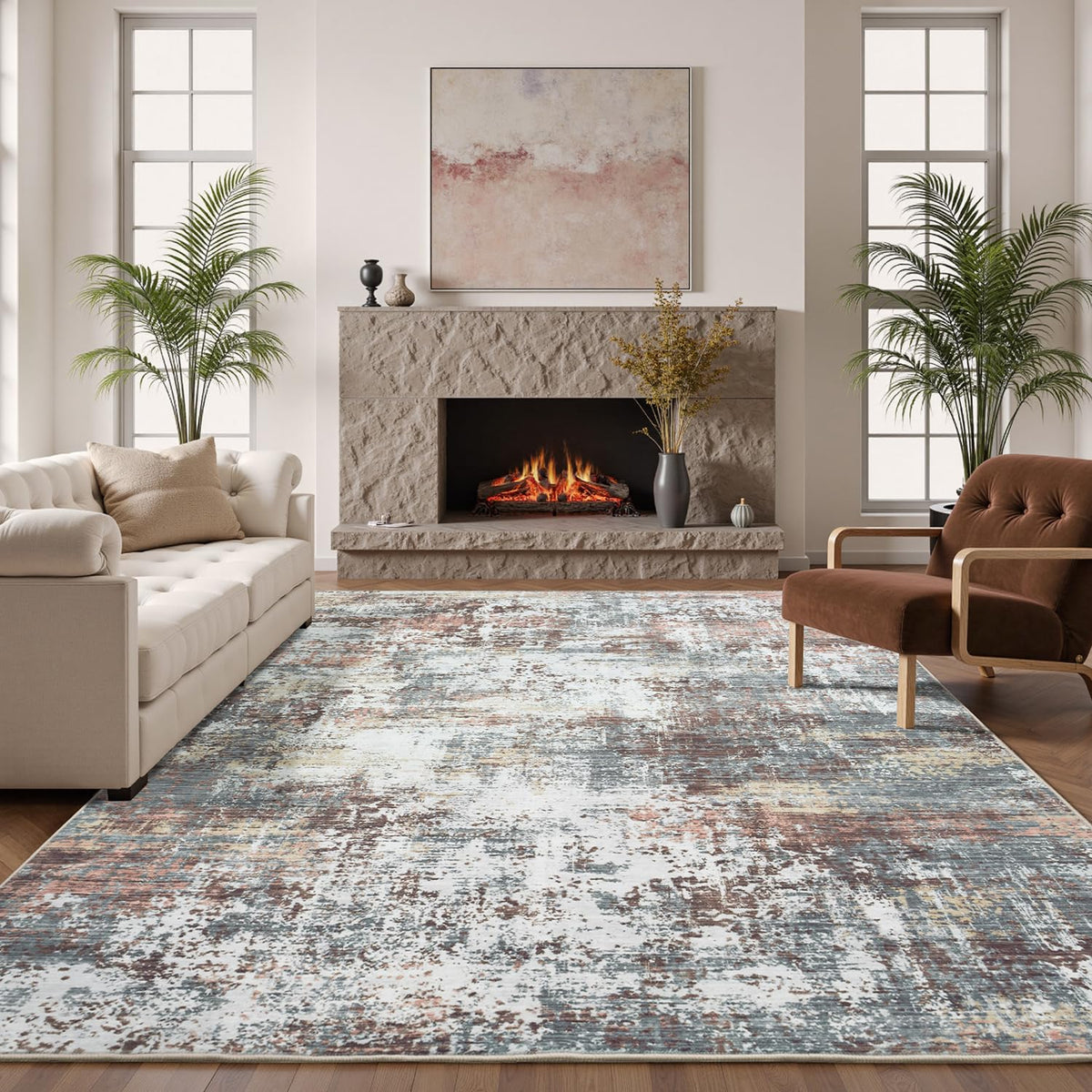 9x12 Area Rugs for Living Room, Large Washable Rug, Brown/Grey