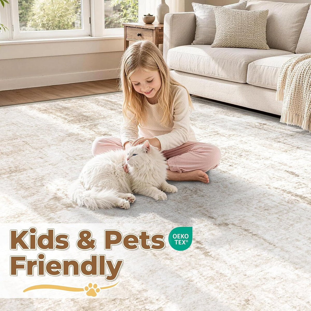 MXSANYOO 6x9 Area Rugs Washable Rug: Abstract Neutral Rugs Modern Non Slip Area Rug Stain Resistant Low Pile Indoor Carpet for Dining Room Bedroom Nursery Office (Beige, 6'x9')