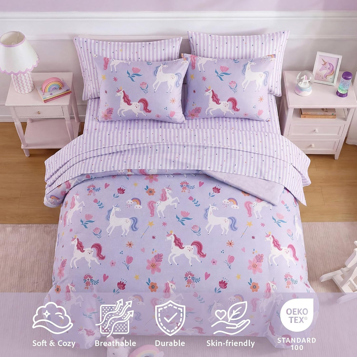 Twin Comforter Set for Girls - 5 Pieces Unicorn Bedding Twin Bed in a Bag