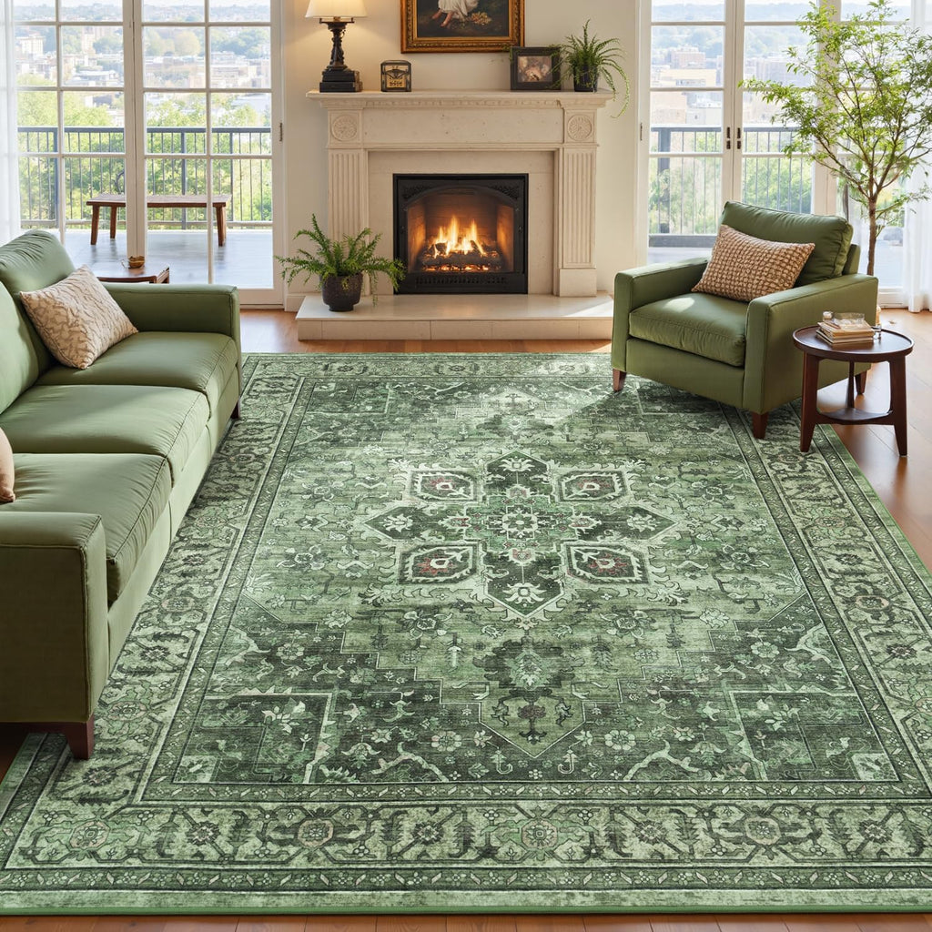 Sage Green 8x10 Area Rug for Living Room, Vintage Boho Large Carpet