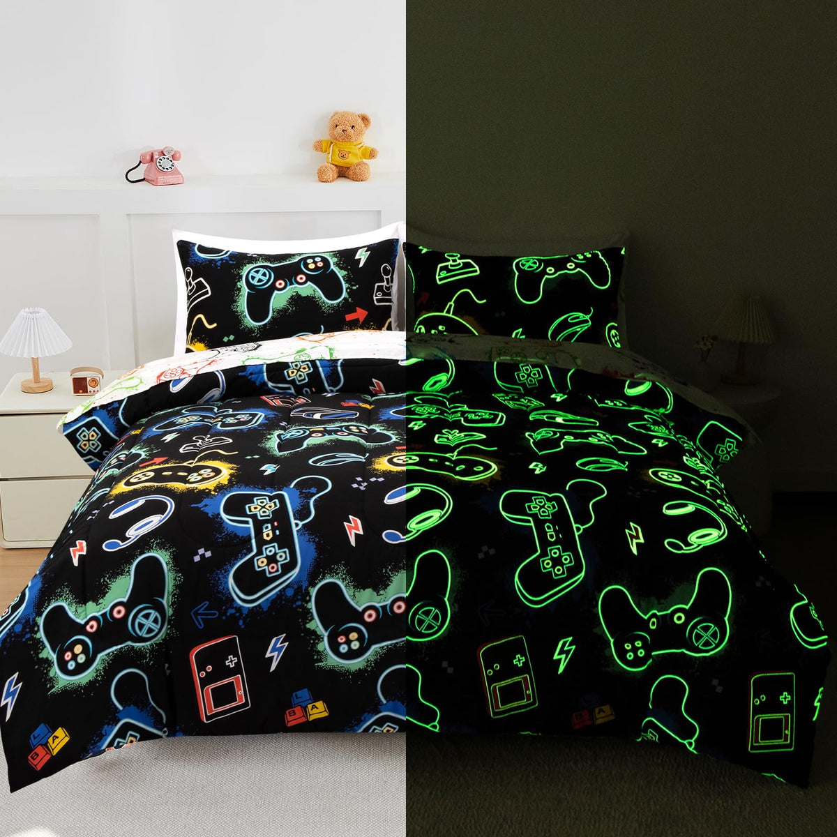 NTBED 5Pcs Glow in The Dark Kids Comforter Set Dinosaur Twin Bedding Set