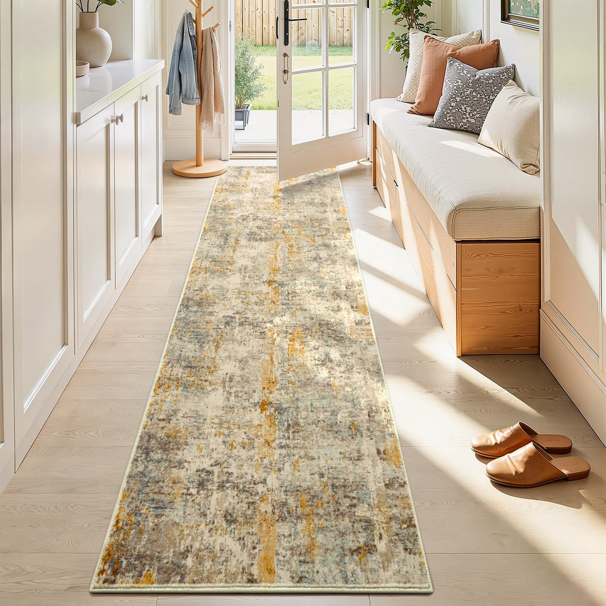 Living Room Rug 5x7 Gray Area Rug Machine Washable Boho Rug Non Slip Abstract Vintage Indoor Large Rugs for Bedroom, Classroom, College Dorm, Farmhouse, Dining Room, Kids Playroom