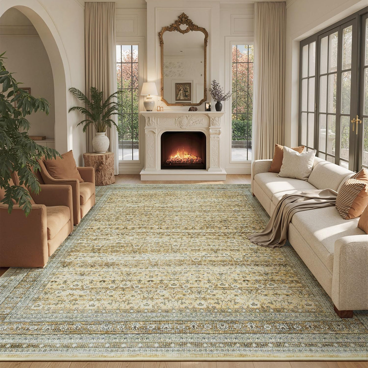 Sage Green 8x10 Area Rug for Living Room, Vintage Boho Large Carpet