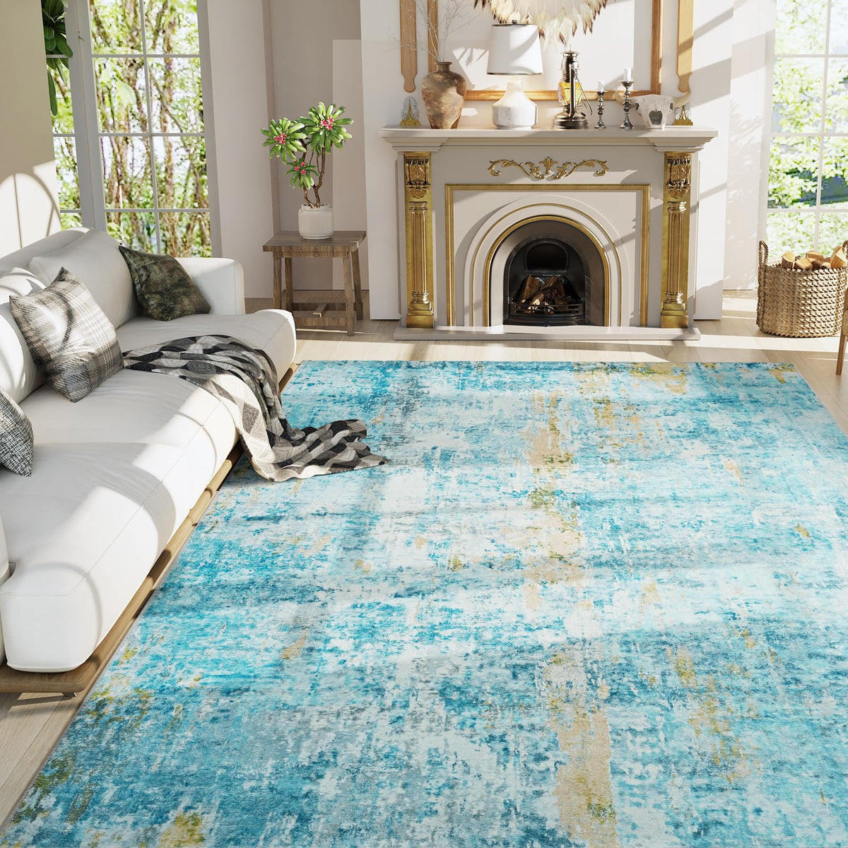 Living Room Rug 5x7 Gray Area Rug Machine Washable Boho Rug Non Slip Abstract Vintage Indoor Large Rugs for Bedroom, Classroom, College Dorm, Farmhouse, Dining Room, Kids Playroom