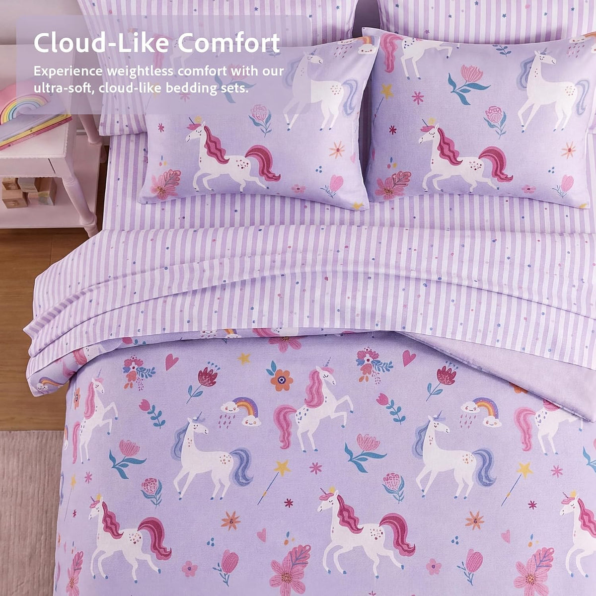 Twin Comforter Set for Girls - 5 Pieces Unicorn Bedding Twin Bed in a Bag