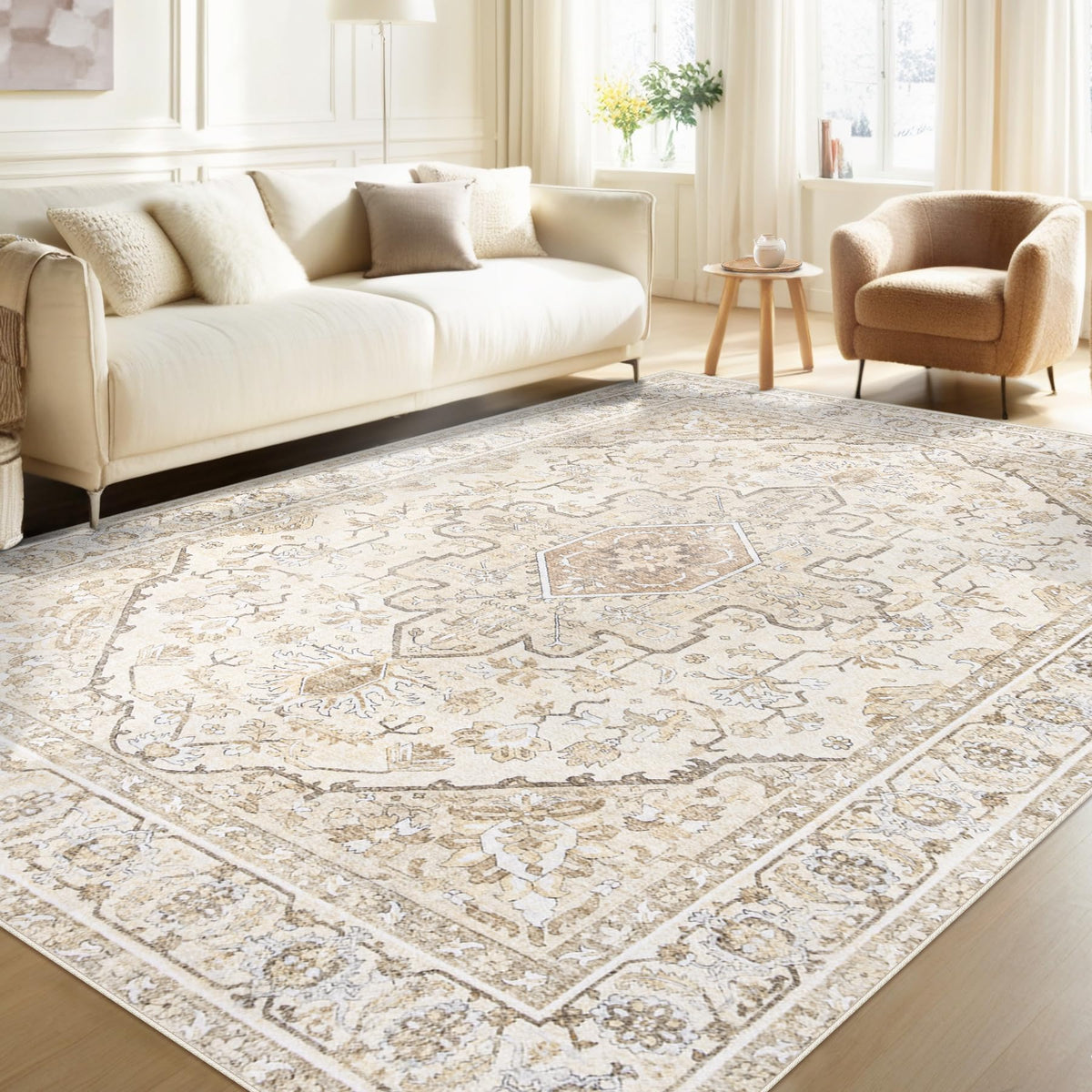 Area Rug 5x7 Vintage Rugs: Washable Living Room Rug Retro Medallion Distressed Large Rug Soft Low Pile Non-Slip Rugs Indoor Floor Carpet for Bedroom Kitchen Nursery Dining Table Office (Beige/Brown)