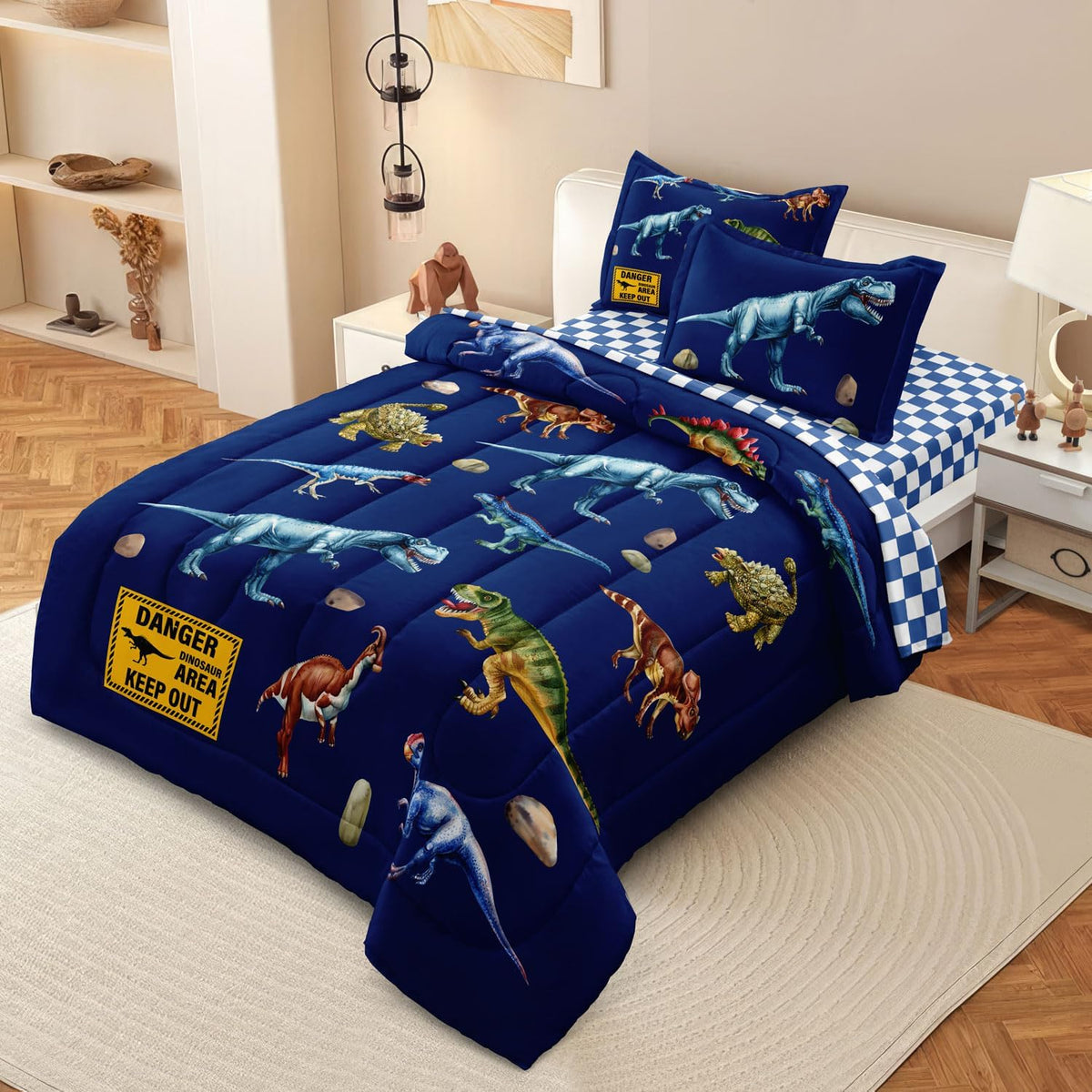 Kid Twin Quilts Comforter Set Dinosaur Bedding Set for Boys, Blue