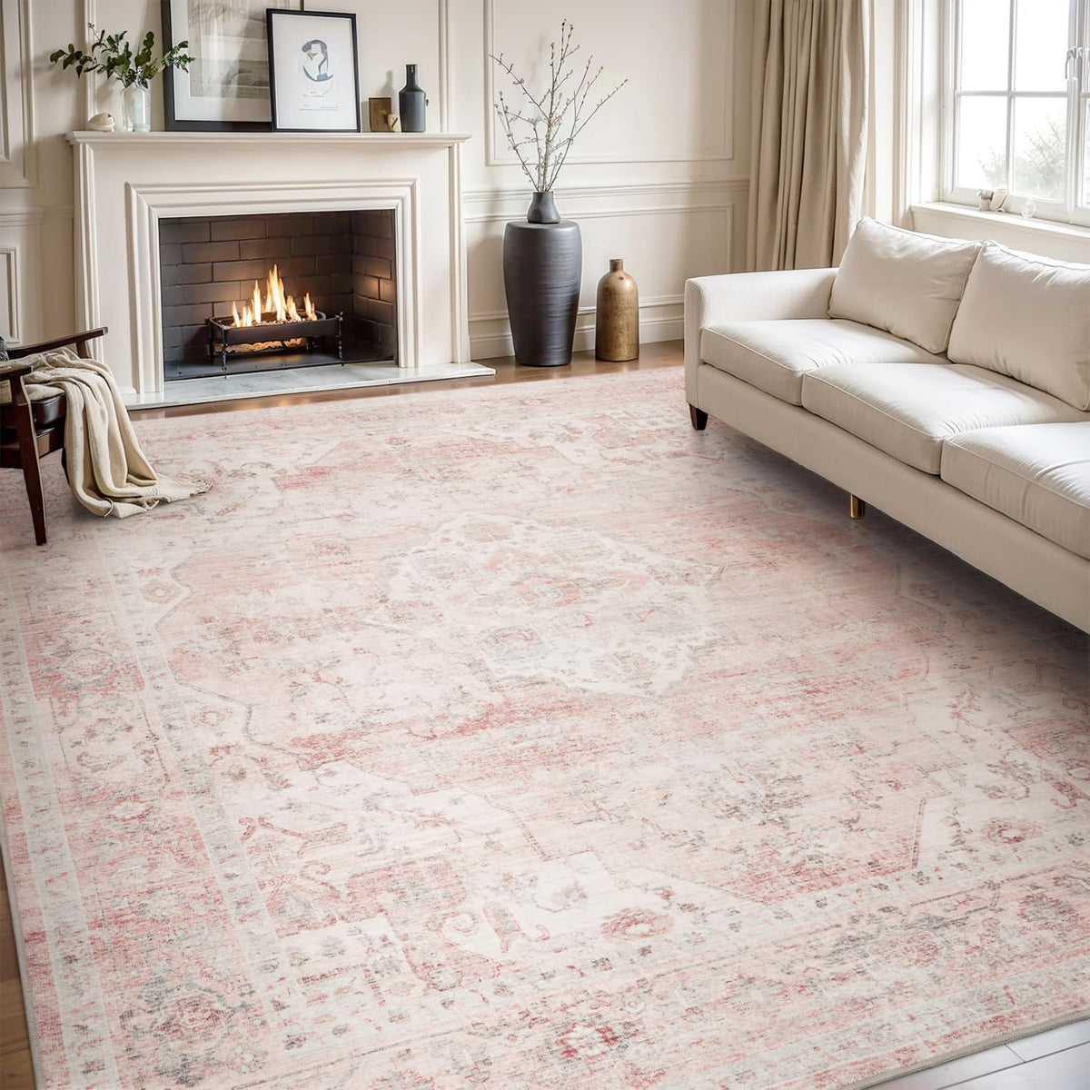 AMOAMI-Area Rug 5X7 Rugs for Living Room-Vintage Soft Beige Rugs for Bedroom-Non Slip Carpet-Machine Washable Rug for Dining Room Living Room Bedroom Office Under Table-Beige
