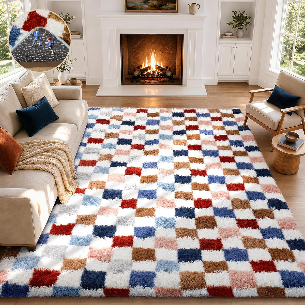 Ophanie Round Rugs 5Ft Ivory Circle Area Rug,Baby Nursery Living Room Bedroom Decor Circular Carpet 5 Foot,Fluffy Fuzzy Shag Plush Cream for Kids Boys Girls Teen with Over 99 pcs Pile fibers