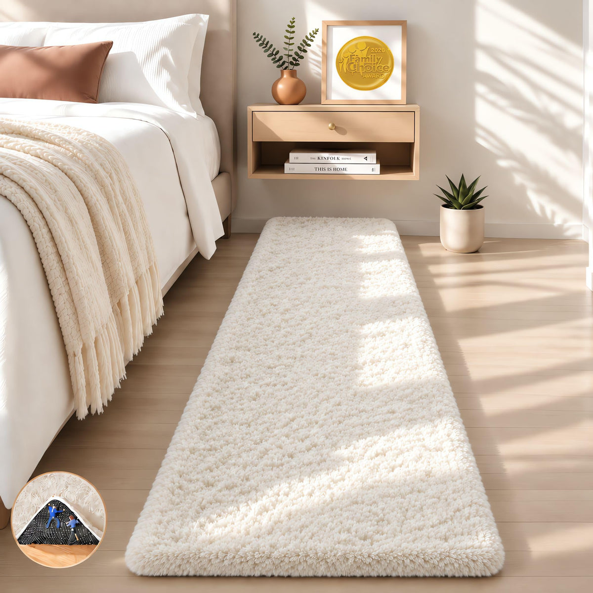 Ophanie Round Rugs 5Ft Ivory Circle Area Rug,Baby Nursery Living Room Bedroom Decor Circular Carpet 5 Foot,Fluffy Fuzzy Shag Plush Cream for Kids Boys Girls Teen with Over 99 pcs Pile fibers