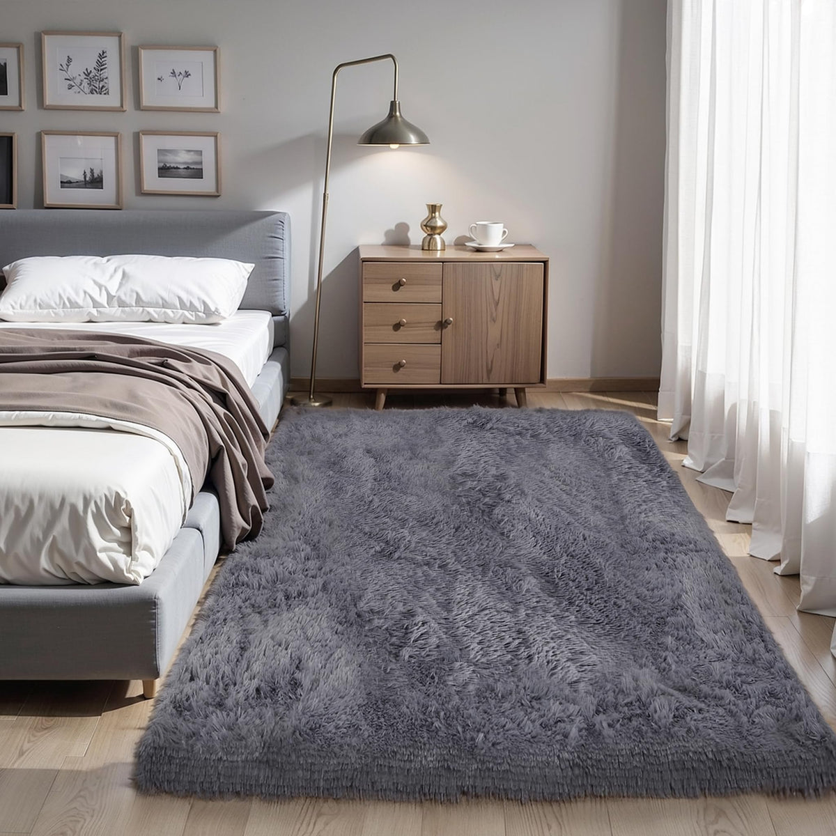 4x6 Light Grey Fluffy Shag Rug for Bedroom, Plush Washable Carpet