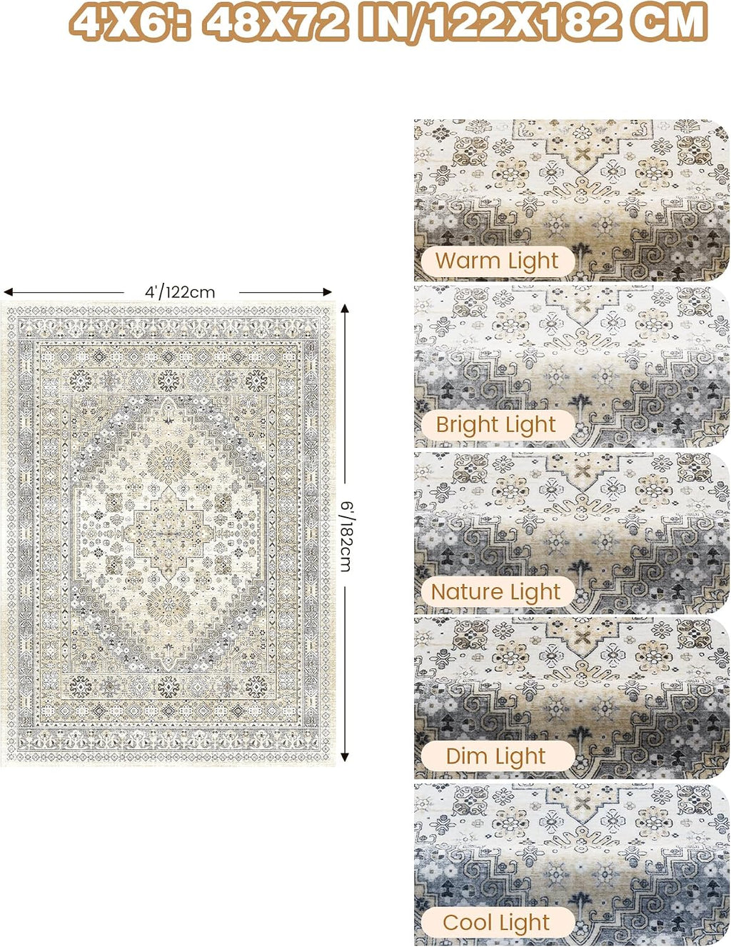 4x6 Area Rugs for Living Room, Non Slip Rugs for Bedroom, Beige