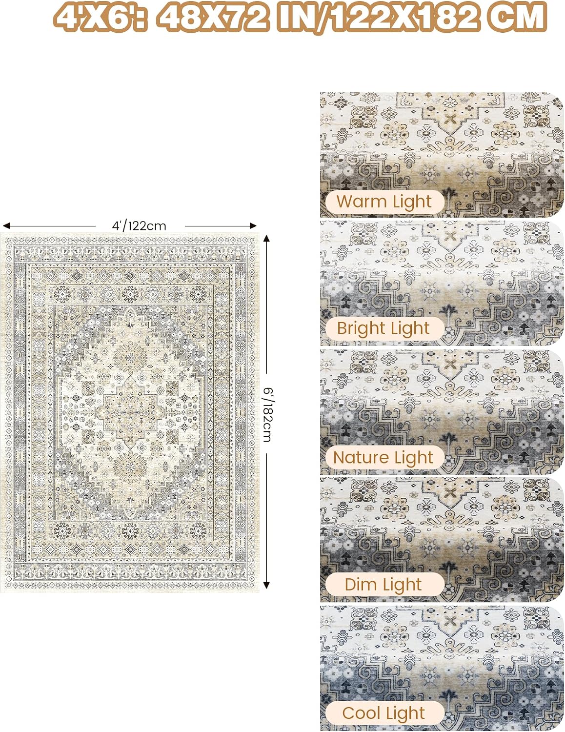 4x6 Area Rugs for Living Room, Non Slip Rugs for Bedroom, Beige
