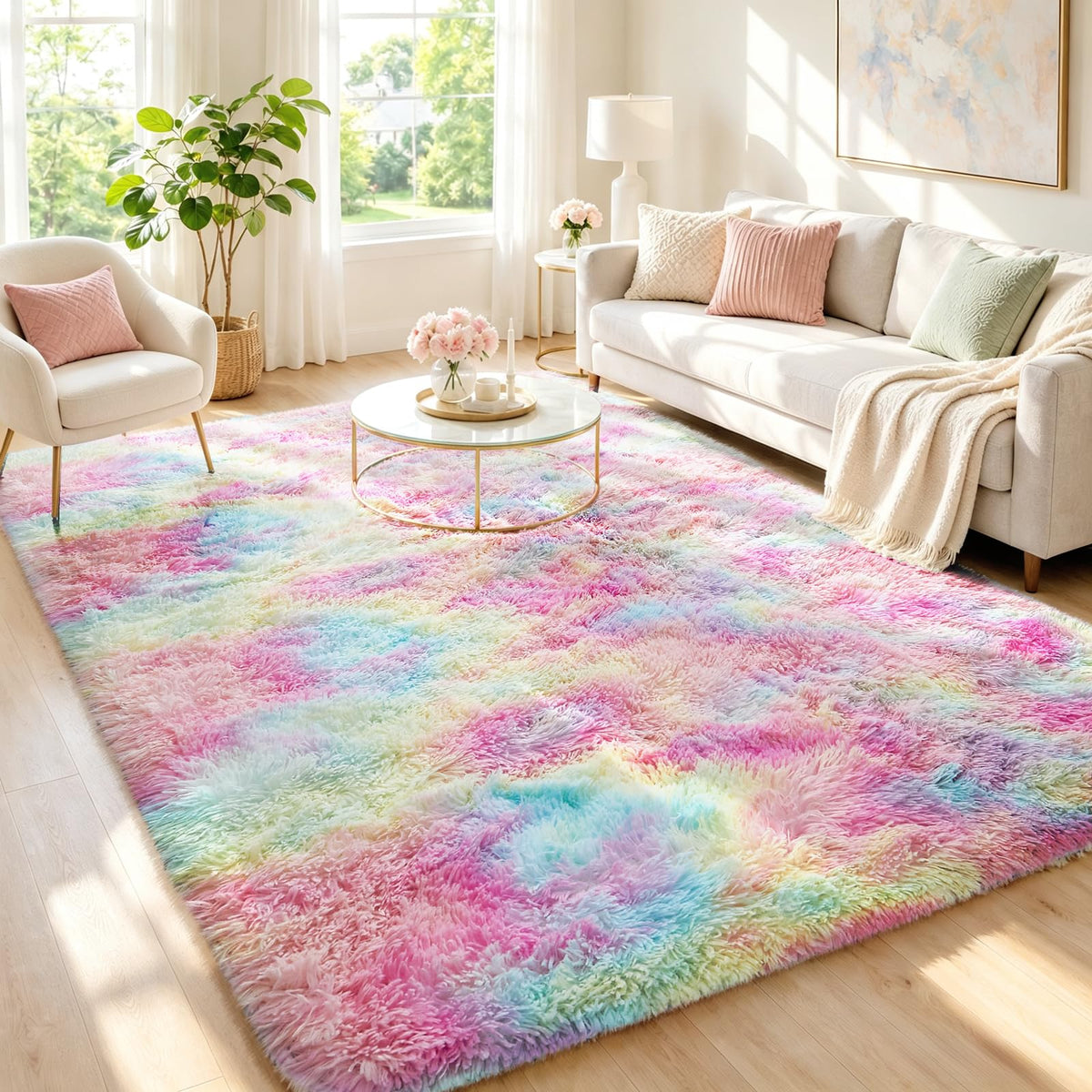 Ophanie Round Rugs 5Ft Ivory Circle Area Rug,Baby Nursery Living Room Bedroom Decor Circular Carpet 5 Foot,Fluffy Fuzzy Shag Plush Cream for Kids Boys Girls Teen with Over 99 pcs Pile fibers