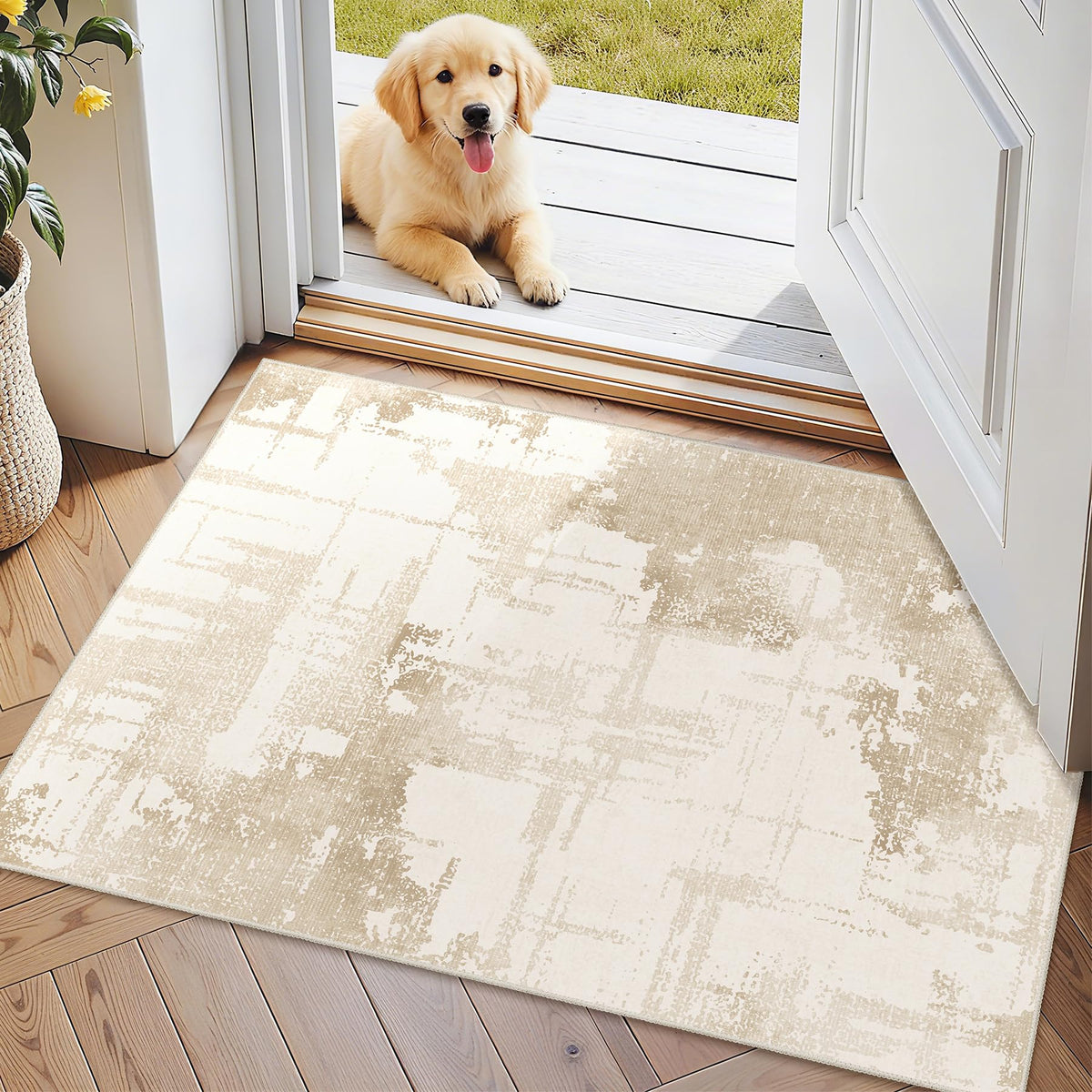 Beige Rug 3x5 Washable Area Rugs for Bedroom Living Room Kitchen Entryway Bedside,Small Modern Marble Abstract Non Slip Carpet