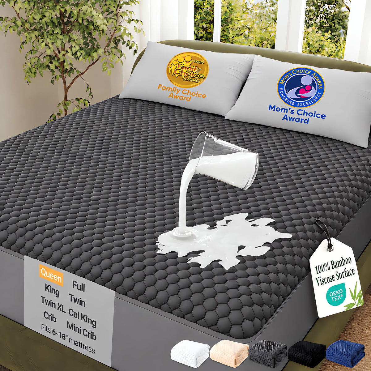 OhGeni Waterproof Mattress Protector,Twin Size Soft Bamboo Viscose Top Layer Pad,3D-Air Fabric Cooling Breathable Fitted Sheets, Washable Bed Cover for Kids Toddler Bedwetting Over 99 Count Hex Bumps