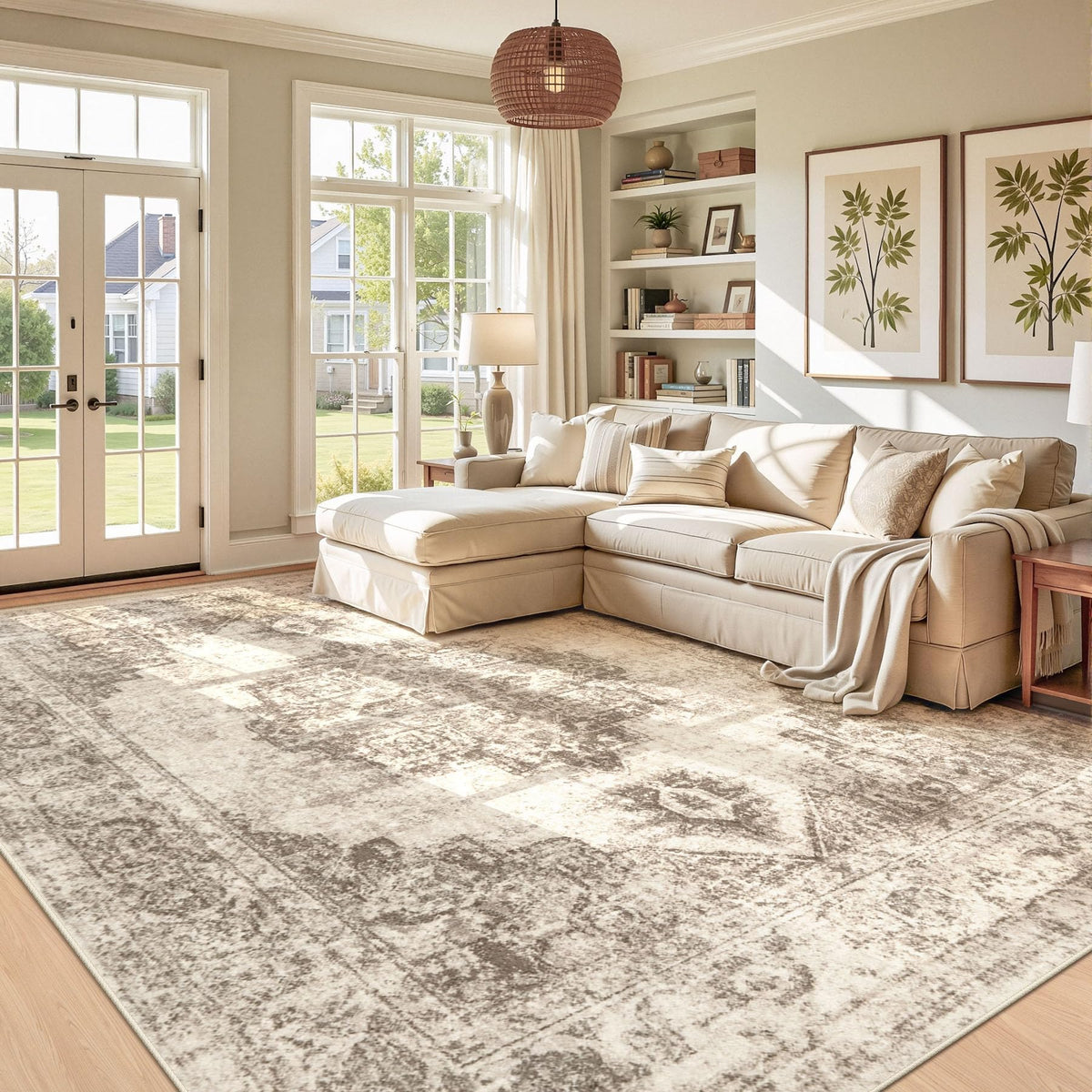 Area Rug 5x7 Vintage Rug: Washable Indoor Medallion Rugs Low Pile Distressed Floor Carpet Retro Accent Rug for Living Room Bedroom Kitchen Dining Table Home Office(Beige, 5'x7')