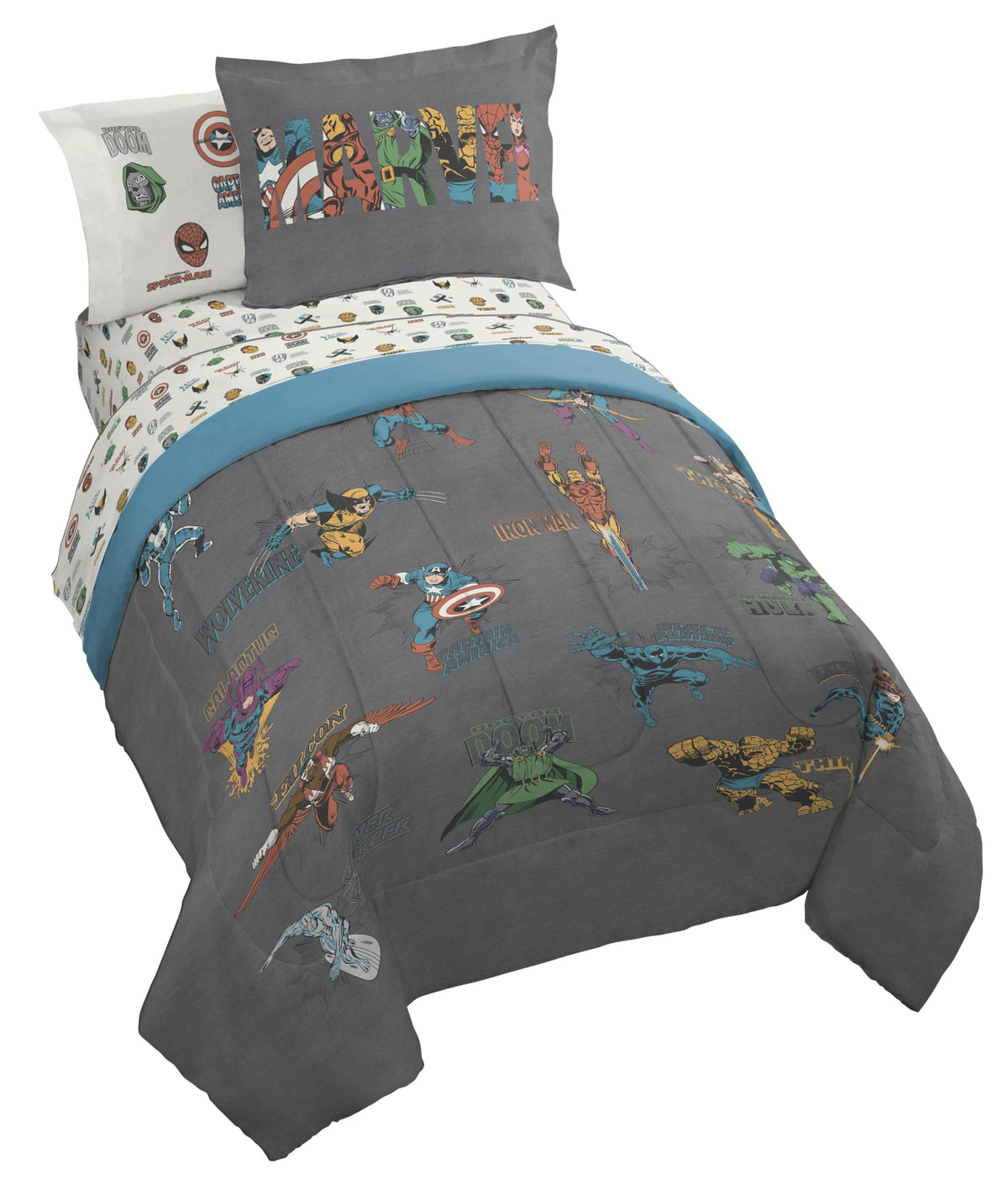 Marvel Spiderman Full Comforter Set 7 Piece Bedding for Boys, Blue