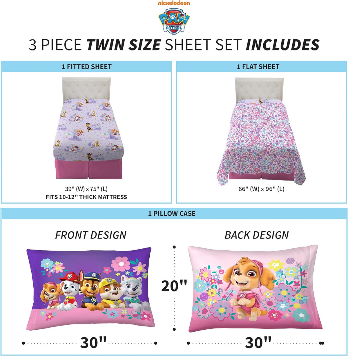 Paw Patrol Girls Kids Bedding Super Soft Microfiber Sheet Set, Twin, (Official) Nickelodeon Product By Franco