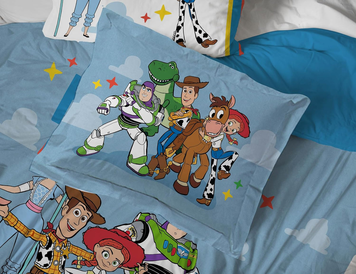 Jay Franco Kids Comforter Set Includes Sheets and Pillow Cover - Soft and Cozy Bed Set for Stylish Room Decor, Blue - Toy Story, 7 Piece Full