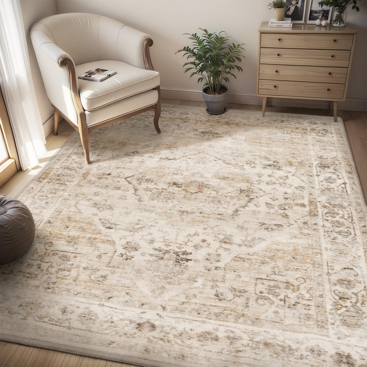 AMOAMI-Area Rug 5X7 Rugs for Living Room-Vintage Soft Beige Rugs for Bedroom-Non Slip Carpet-Machine Washable Rug for Dining Room Living Room Bedroom Office Under Table-Beige