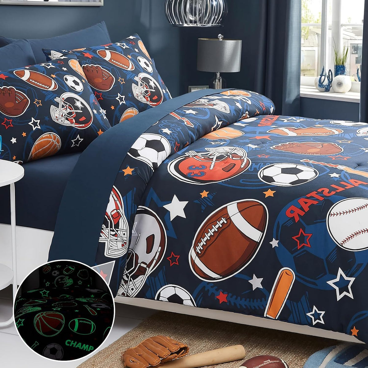 Twin Comforter Set for Boys-5 Pieces Ball Glow in the Dark Bedding Set