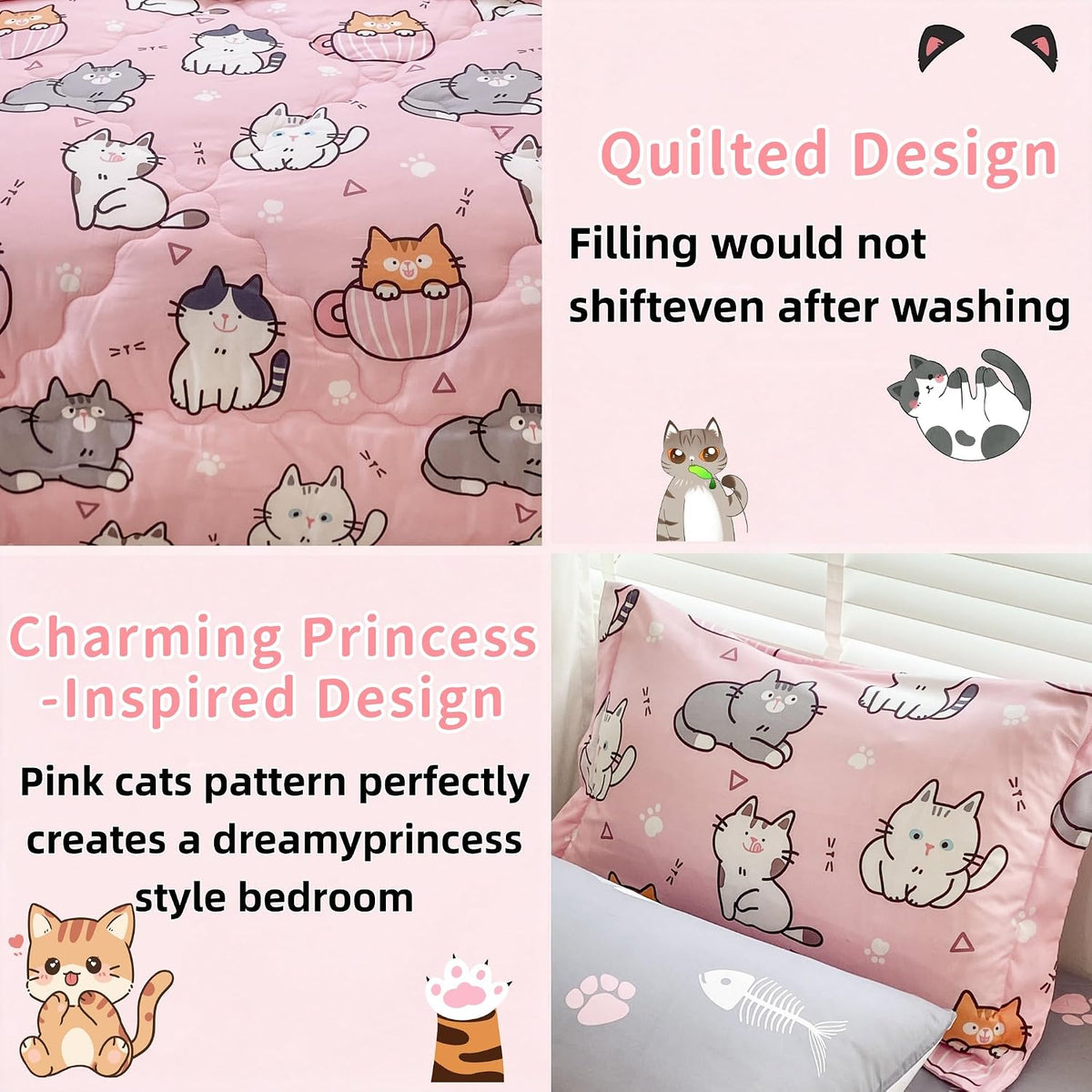 7 Piece Girls Cats Bedding Comforter Set Twin Size for Kids Bed in A Bag Pink Cute Cartoon Pet Cat Bedding Set for Boys Teens (1 Comforter, 1 Flat Sheet, 1 Fitted Sheet, 4 Pillow Sham) Gray